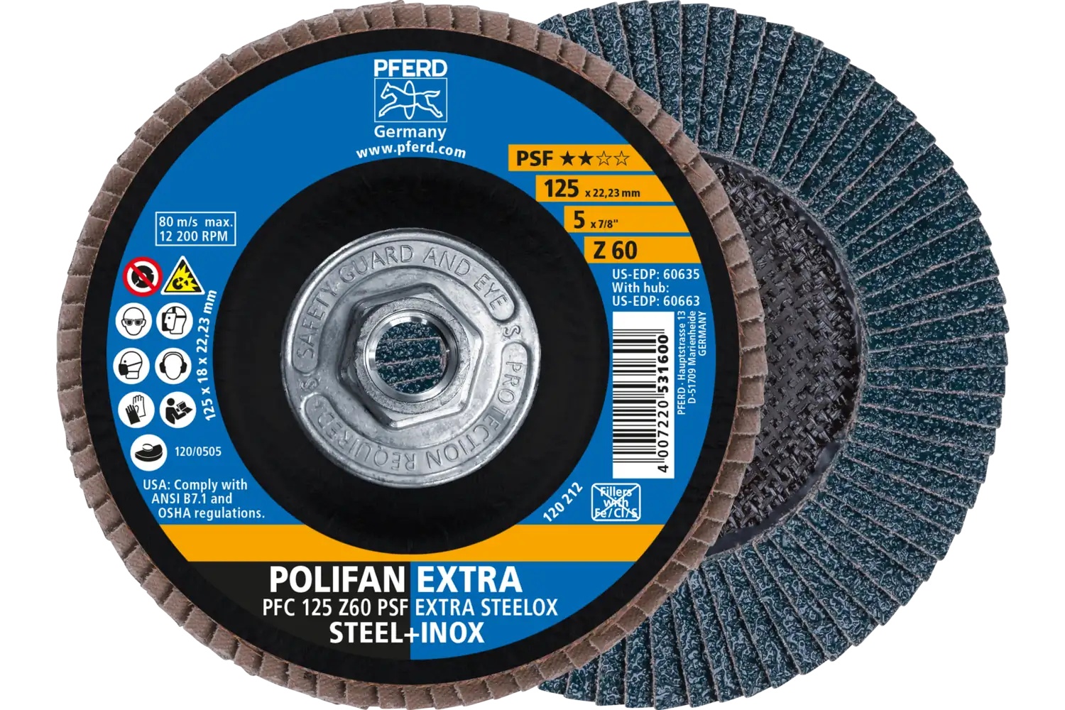 Picture of Pferd Flap Disc, 5" x 5/8-11, Z PSF Extra Steelox, 60 Grit, T29, Conical, Zirconia